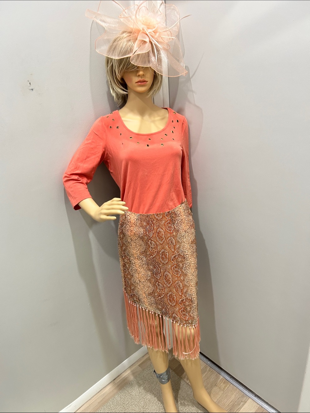 Coral Silk Fringe Beaded Paisley Pencil Skirt